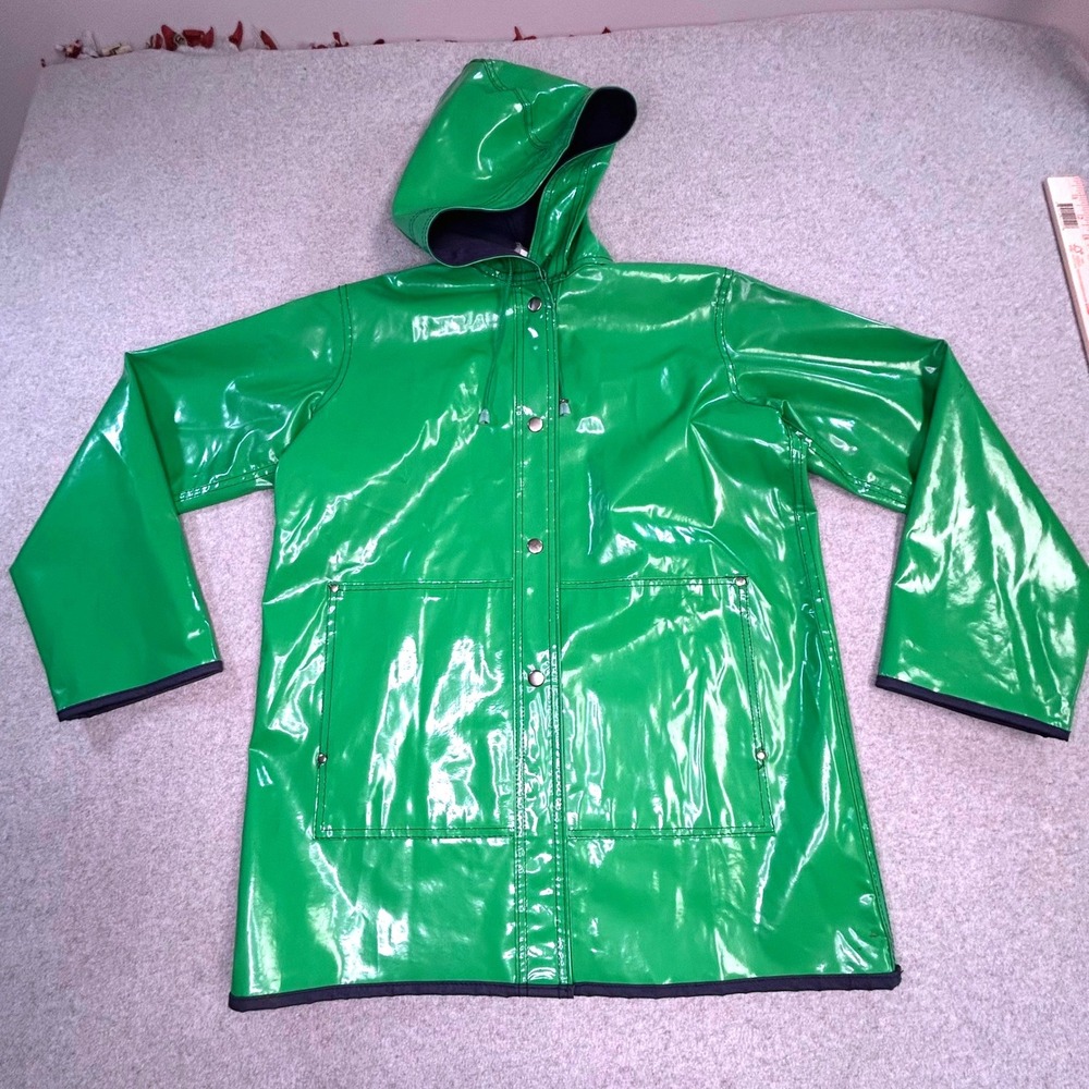 Vintage Pappagallo Kids Green Raincoat Hooded Vinyl‎ Slicker Jacket Small Retro